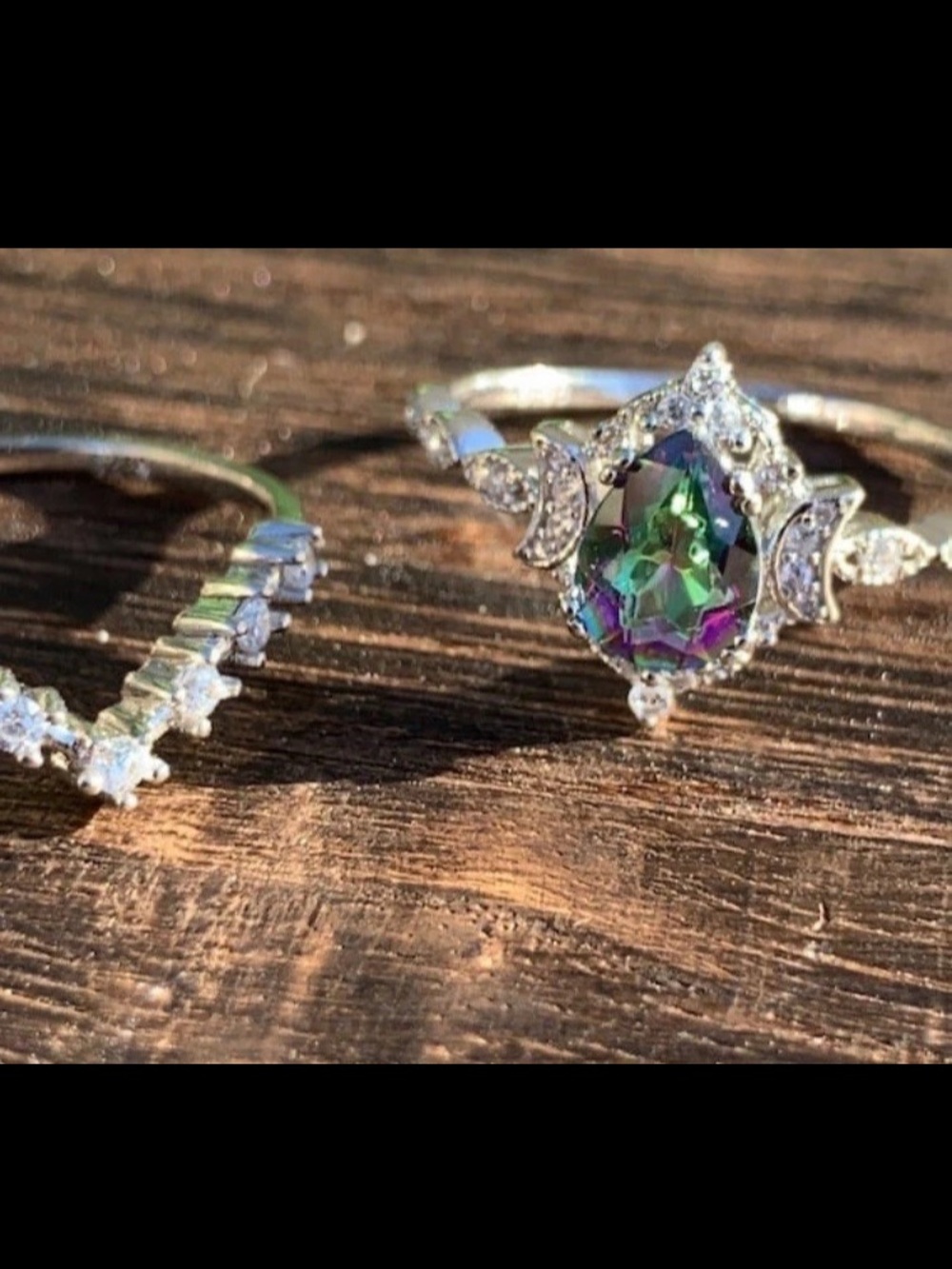 925 Sterling Silver Mystic Topaz Moon Ring Set Size 5, 6, 7 Boho Bridal Stack